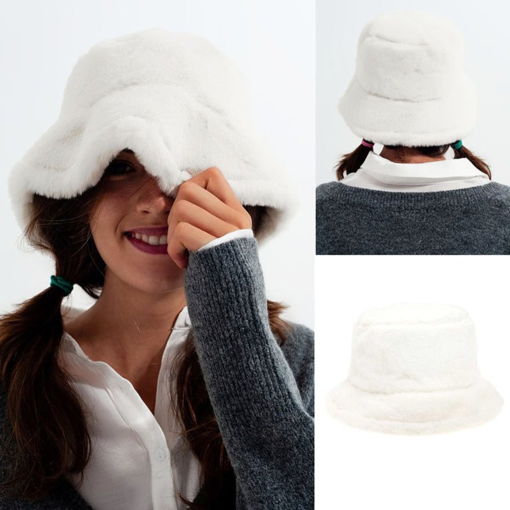 NEW White Ivory SOFT Faux Fur Plush Adjustable Oversized Fisherman Bucket Hat